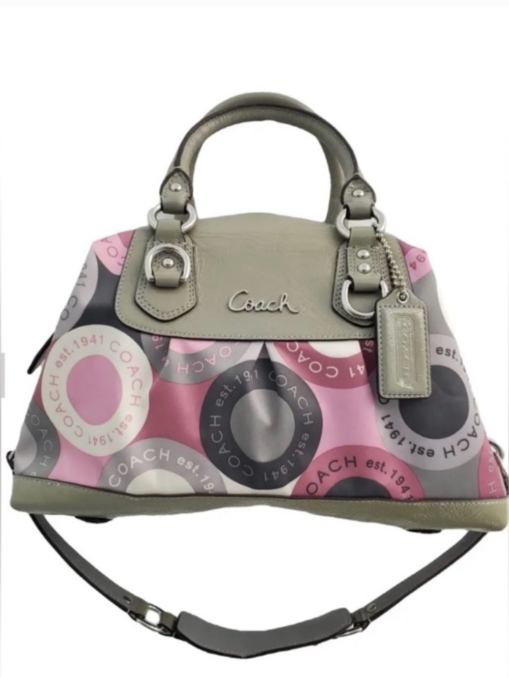 Coach Pink, Gray & Cream Signature Circle Satchel